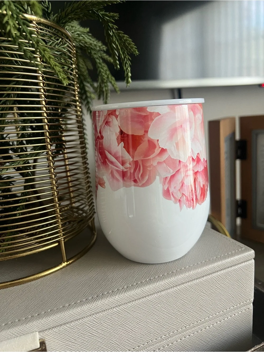 Corkcicle White Stemless Wine Tumbler with Pink Floral Peony